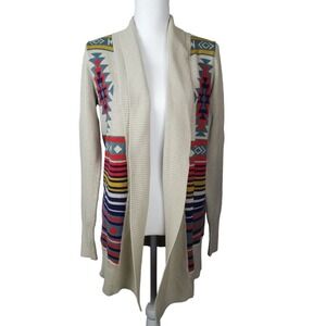 Ecote Open‎ Cardigan Women's Medium Tribal Print Sweater Long Sleeve Cream Aztec